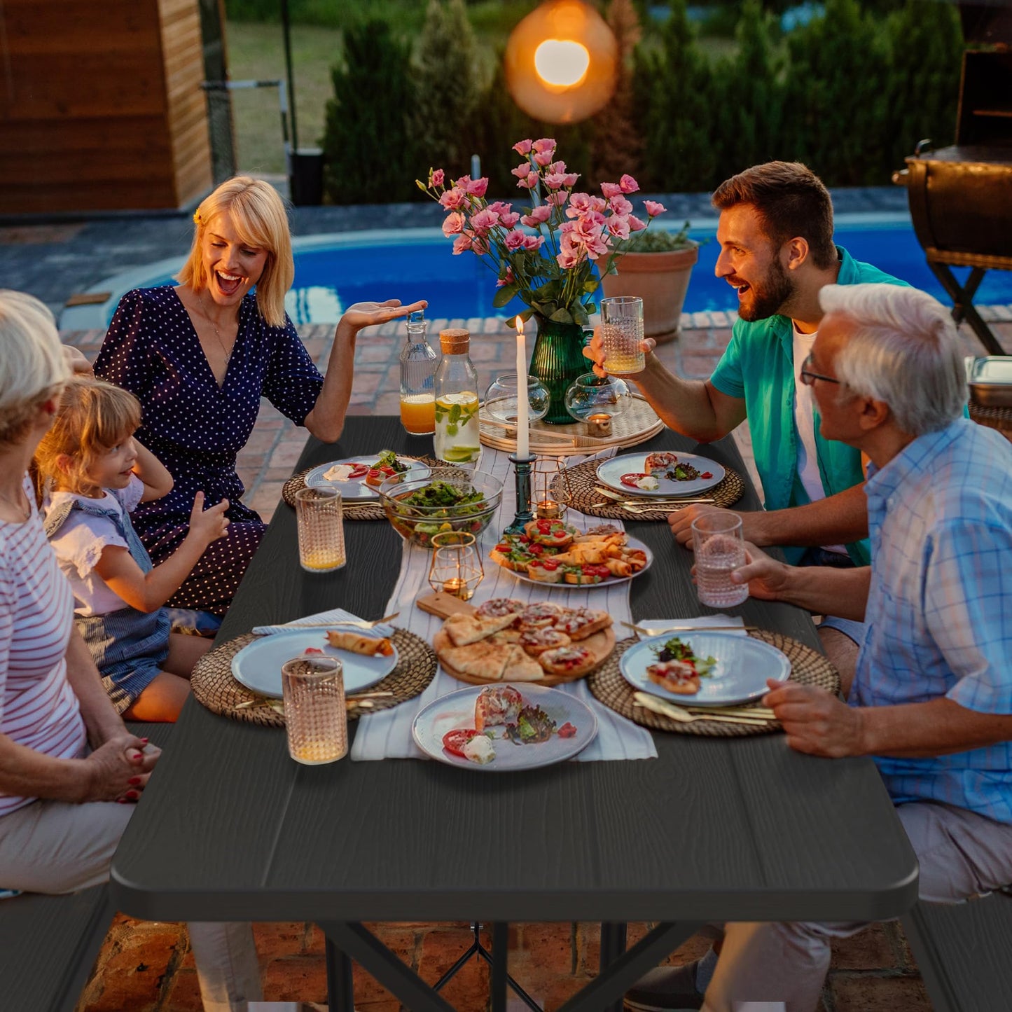 YITAHOME Picknicktisch für draußen, 1,80 m, mit holzähnlicher Tischplatte, stabilem Stahlrahmen und Schirmöffnung, robuster Picknicktisch, ideal für Garten, Terrasse, Rasenpartys, Hellbraun 