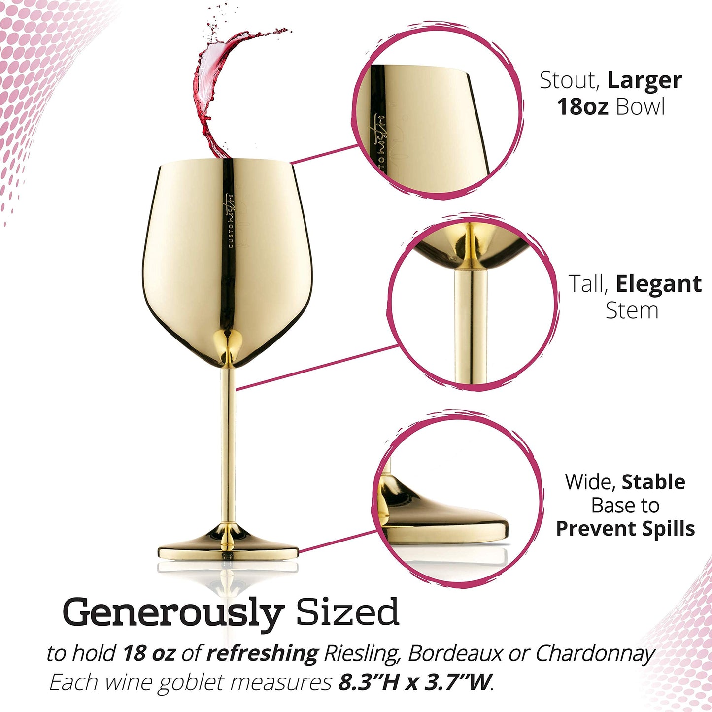 Gusto Nostro Stainless Steel Wine Glass - 18 oz - Unbreakable Rose Gold Wine Glasses for Travel, Camping and Pool - Fancy, Unique and Cool Portable Metal Wine Glass for Outdoor, Picnics (Set of 2)