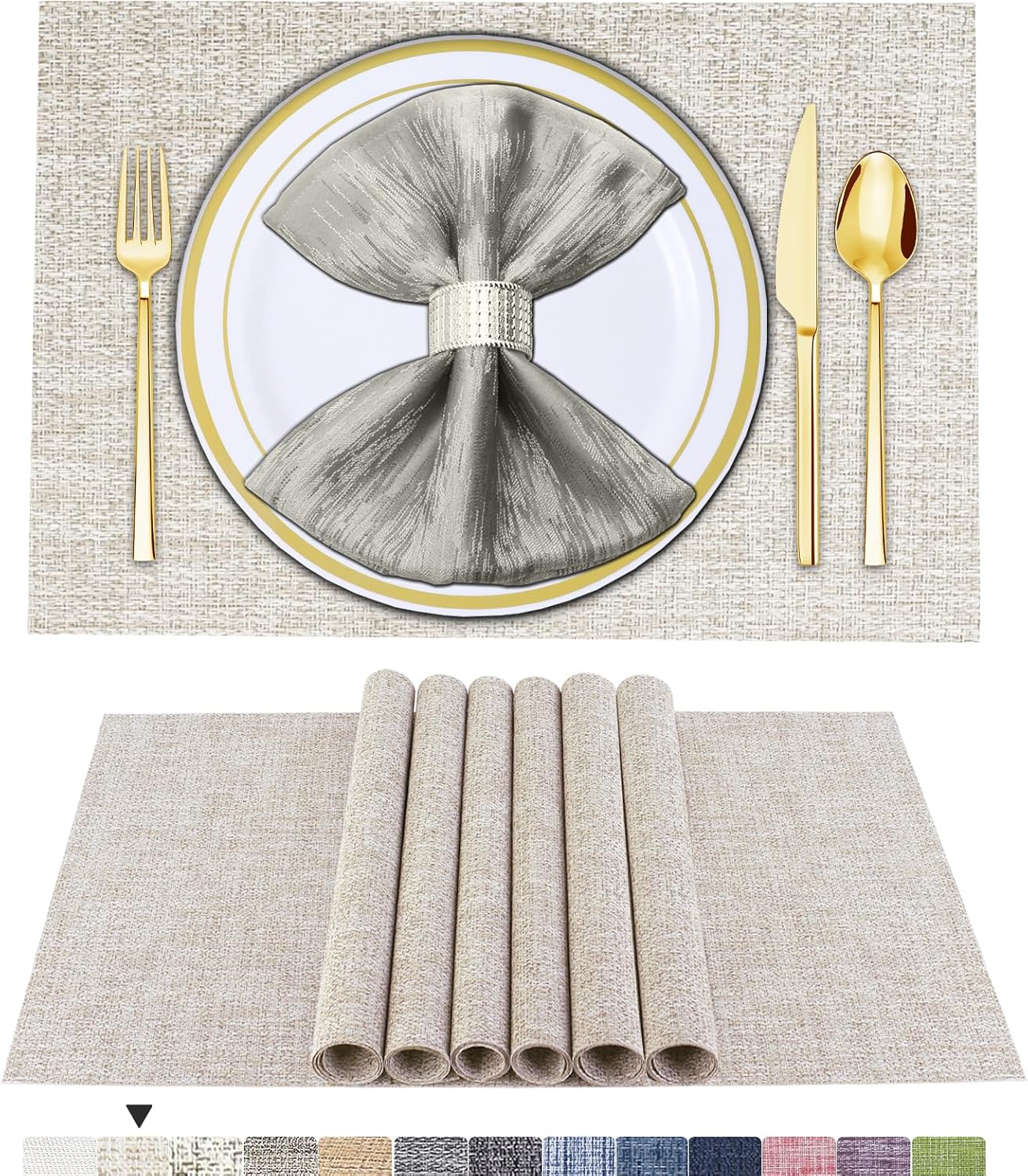 Lot de 6 sets de table en vinyle tissé pour table à manger, lavables et lavables, sets de table de cuisine durables pour intérieur et extérieur, 01 beige, 6 pièces 