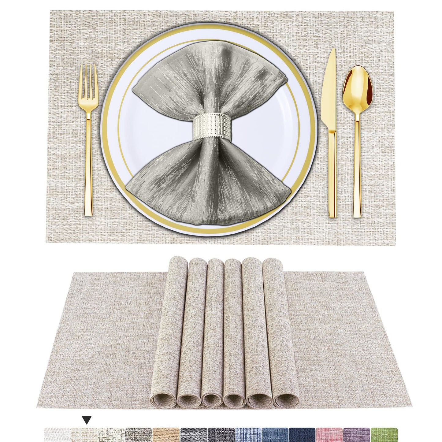 Set of 6 Placemats – Washable Woven Vinyl Table Mats for Dining, Kitchen, Indoor/Outdoor Use