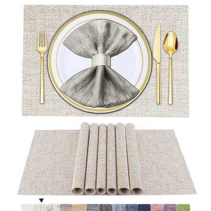 Set of 6 Placemats – Washable Woven Vinyl Table Mats for Dining, Kitchen, Indoor/Outdoor Use
