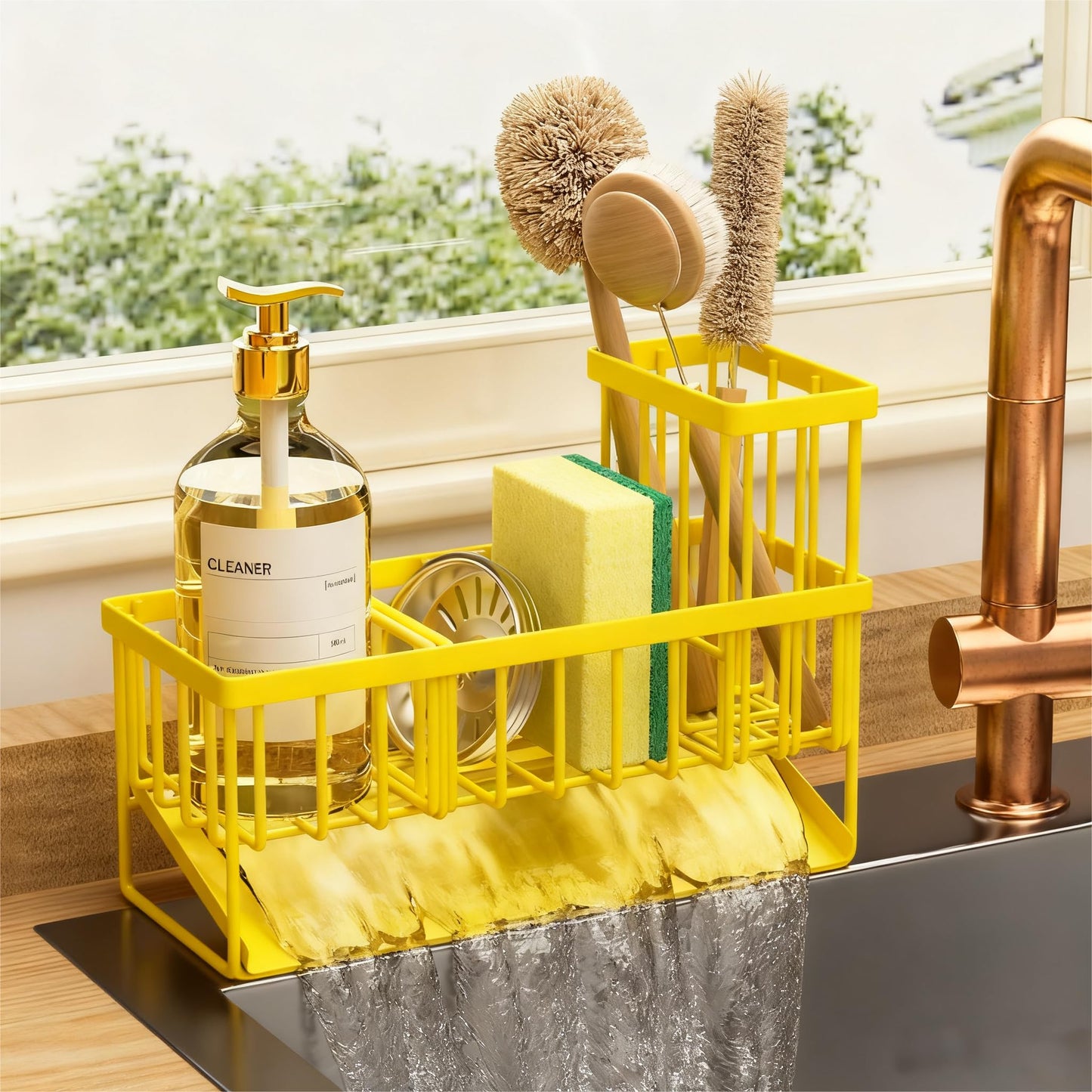 Kitchen Sink Caddy Organzier with High Brush Holder, Sponge Holder for Sink, 304 Rustproof Stainless, Kitchen Countertop Soap Dispenser Organizer, Kitchen Decor and Accessories
