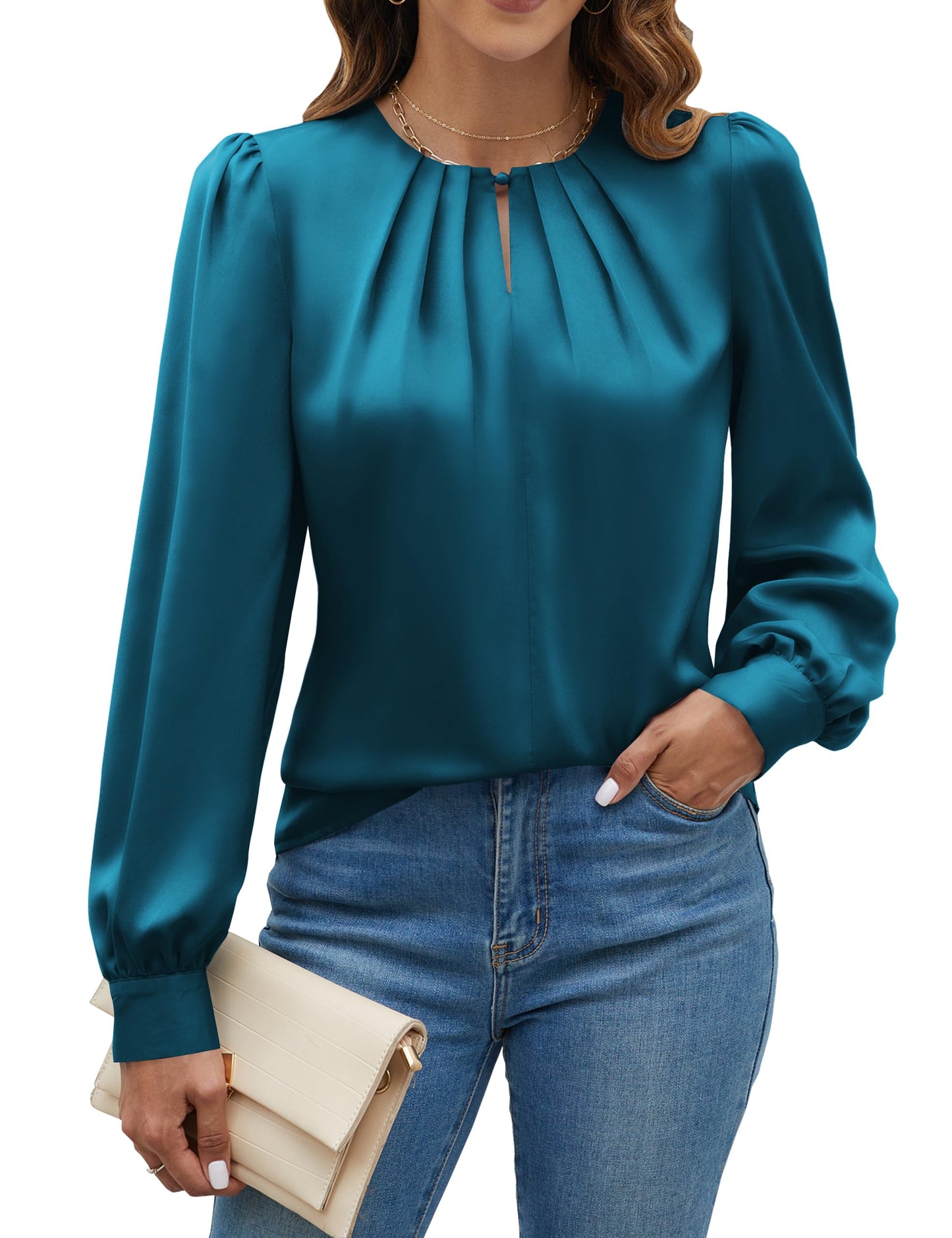 Blooming Jelly Womens Dressy Casual Blouses Satin Long Sleeve Shirts Pleated Business Tops Trendy Fall Outfits