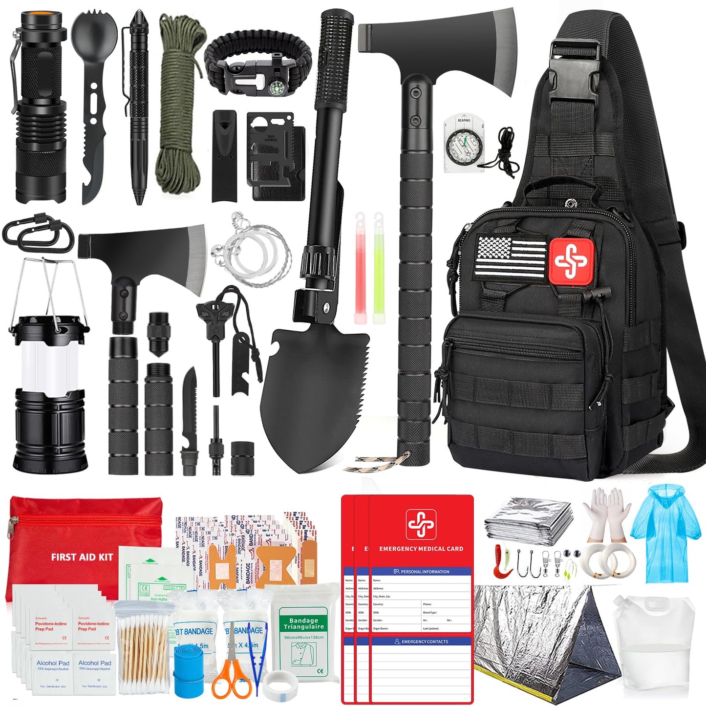 Survival-Kit, 262-teiliges Survival-Set und Zubehör mit Erste-Hilfe-Tasche und Umhängetasche, Notfall-Set mit Zelt, Camping-Axt, Hammer, Survival-Schaufel mit Spitzhacke, Bug-Out-Bag-Geschenke für Männer und Frauen 