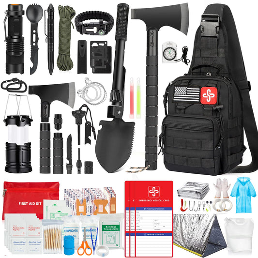 Survival-Kit, 262-teiliges Survival-Set und Zubehör mit Erste-Hilfe-Tasche und Umhängetasche, Notfall-Set mit Zelt, Camping-Axt, Hammer, Survival-Schaufel mit Spitzhacke, Bug-Out-Bag-Geschenke für Männer und Frauen 