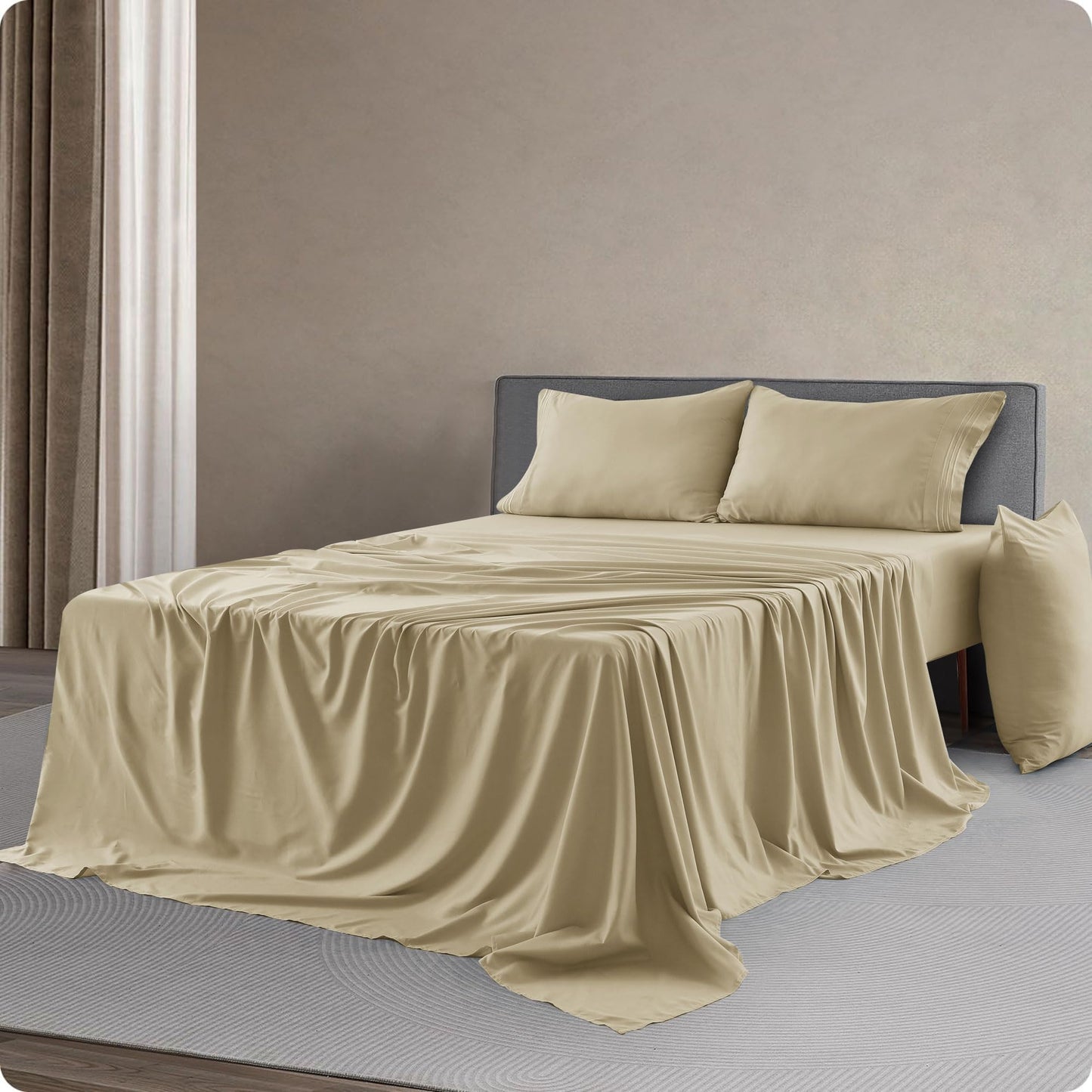 Parure de lit LUX Decor Paisley King, 6 pièces, draps doux en microfibre infroissables – Draps de lit imprimés luxueux comprenant un drap plat, un drap-housse avec poches profondes et 4 taies d'oreiller – Taupe 