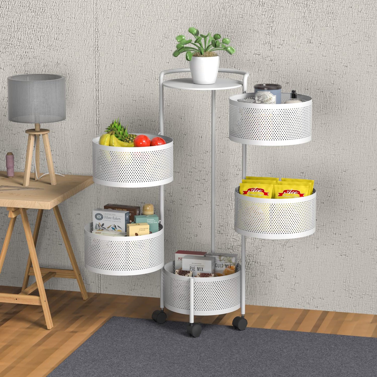 No Assembly Required Vegetable Storage Rack, 4-Tier Rotating Fruit Basket with Wheels, Heavy Duty Carbon Steel Kitchen Storage Cart