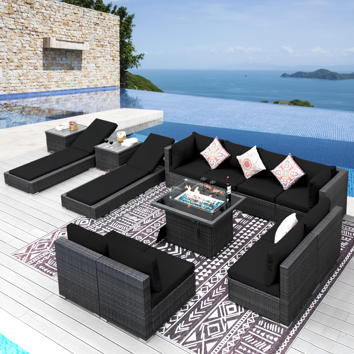 NICESOUL® 13-teiliges großes Luxus-Sofaset für die Terrasse mit Feuerstelle für Erdgas/Propan, 74 cm hohe Rückenlehne, Garten-Sitzgruppe, Gartensofa aus PE-Rattan, dunkelgrau 