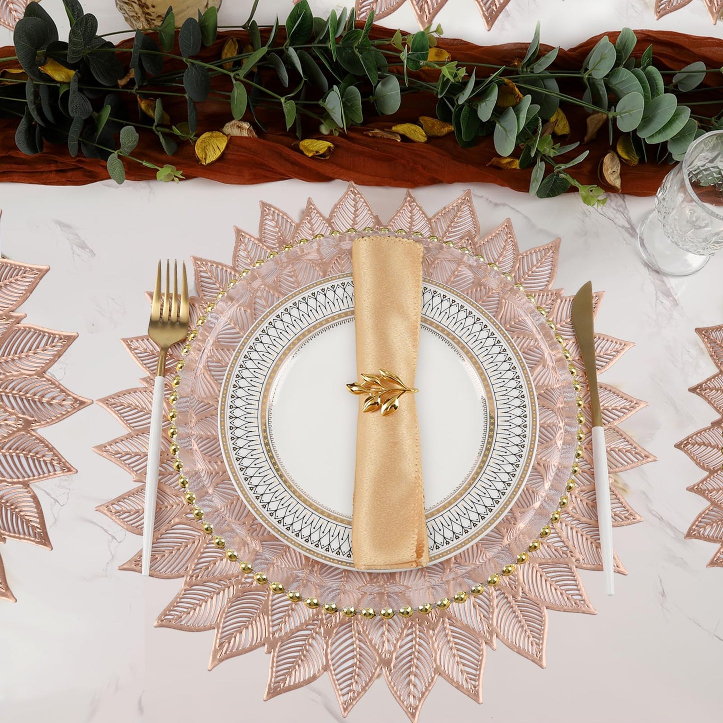 Placemats Set of 6, Round Hollow Out Flowers Place Mats for Dining Table Pressed Vinyl Blooming Leaf Table Mats for Holiday Party Wedding Accent Centerpiece Dinner Table Decoration (Gold)