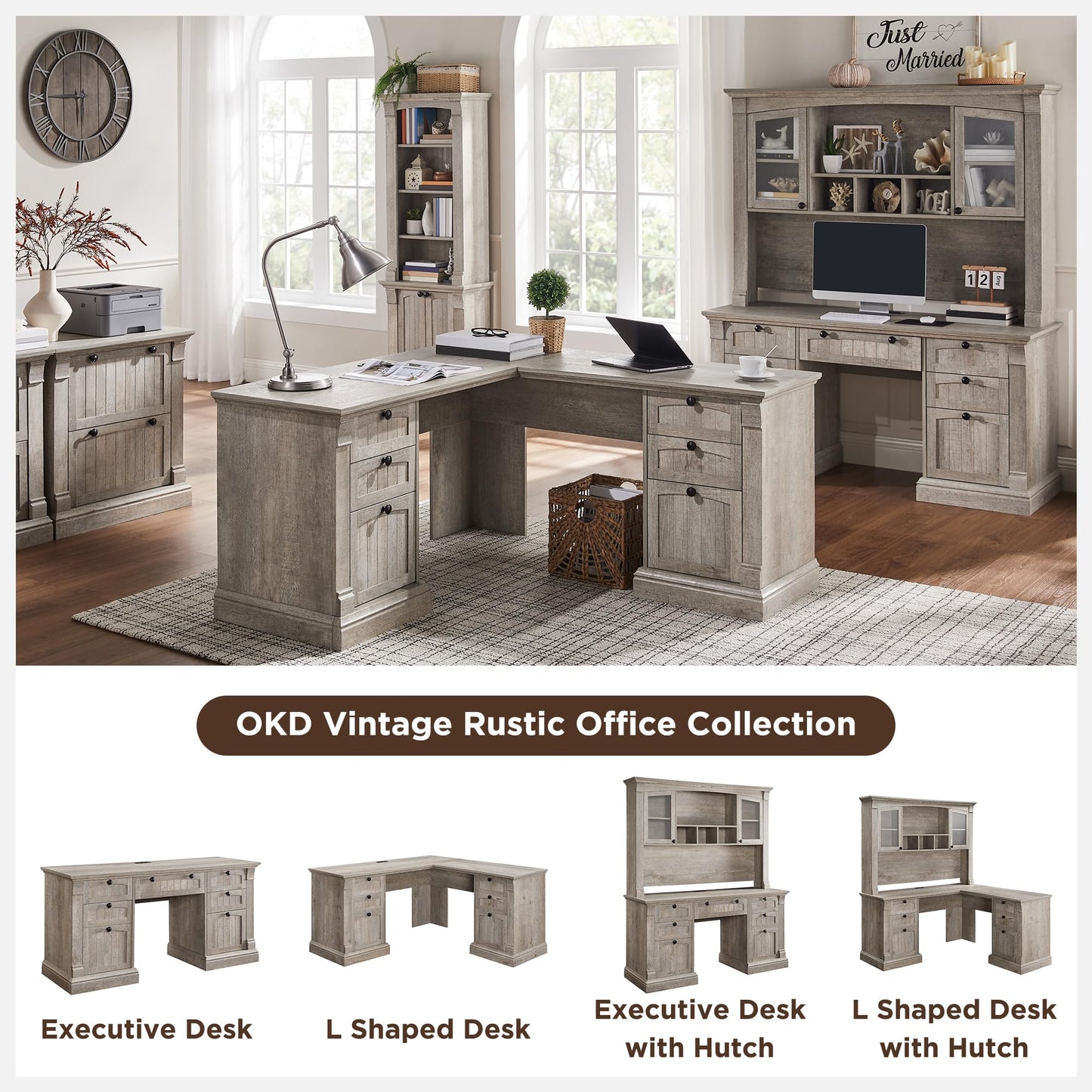 OKD 60" Executive Desk with Drawers, Farmhouse Home Office Desk with Charging Station, Keyboard Tray, File Cabinet Storage, Wood Computer Desk for Work and Study, Antique White