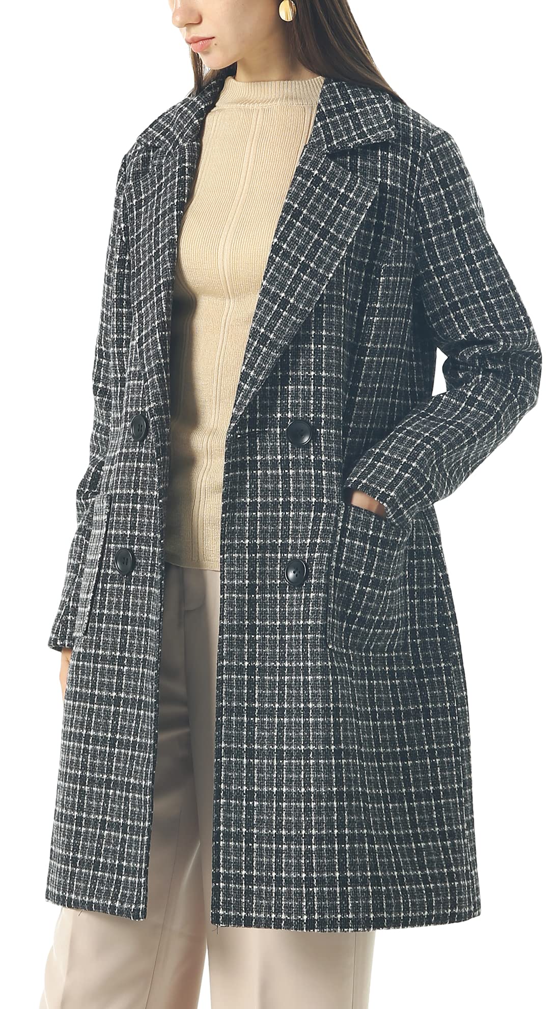 chouyatou Women Elegant Notched Collar Double Breasted Wool Blend Over Coat