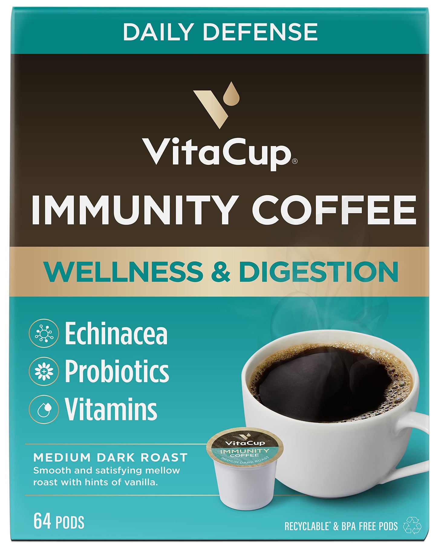 Capsules de café VitaCup Lightning, pour la mémoire et la concentration avec 2X de caféine, grains de café vert, vitamines B, D3, café torréfié foncé et fort, dosettes individuelles recyclables compatibles avec les cafetières Keurig K-Cup, 16 unités 