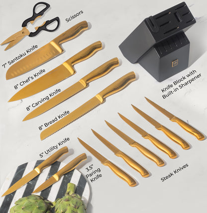 Copper Knife Set with Block - 14 PC Self Sharpening Knife Block Set