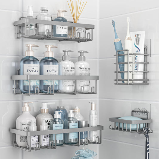 Lot de 5 paniers de douche, support de rangement de douche pour salle de bain pour douche intérieure, étagère de douche adhésive, porte-shampoing, panier de douche, rangement mural en métal, gris 