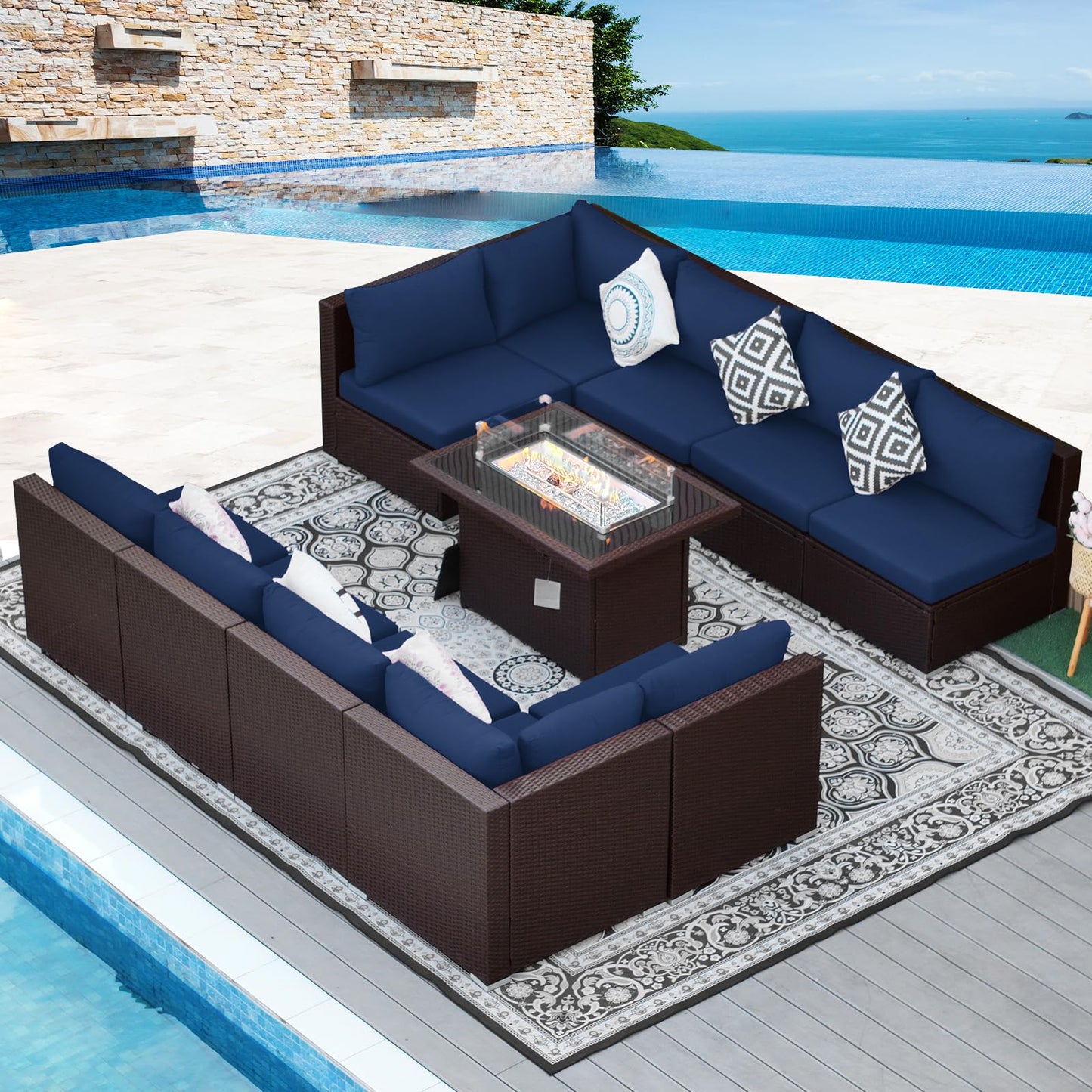 NICESOUL® 13-teiliges großes Luxus-Sofaset für die Terrasse mit Feuerstelle für Erdgas/Propan, 74 cm hohe Rückenlehne, Garten-Sitzgruppe, Gartensofa aus PE-Rattan, dunkelgrau 