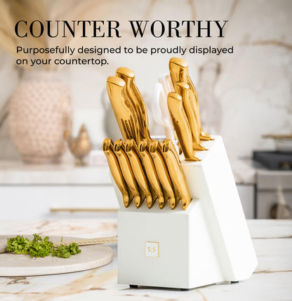 Copper Knife Set with Block - 14 PC Self Sharpening Knife Block Set