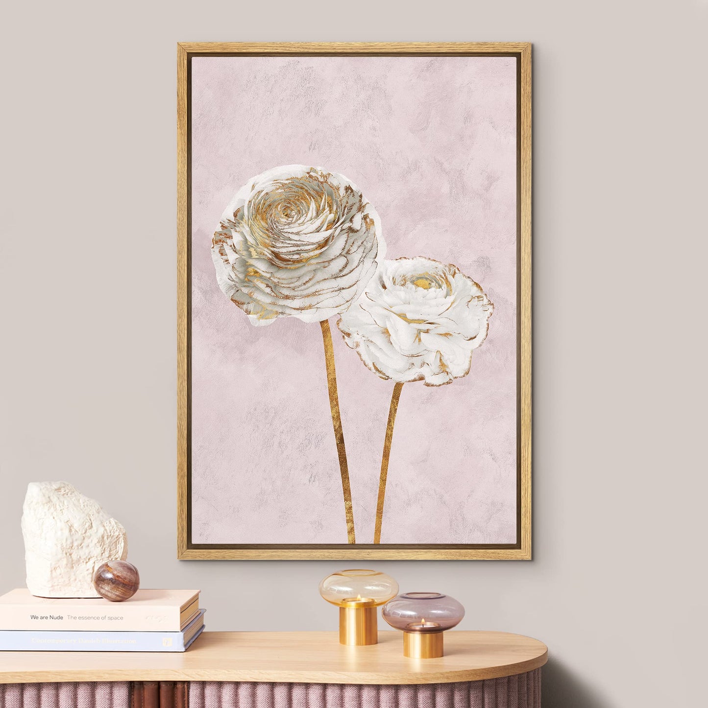 Canvas Print Wall Art White Gold Marble Background Carnation Flower Duo Nature Wilderness Illustrations Modern Art Farmhouse/Country Rustic Relax/Calm for Living Room, Bedroom, Office - 16"x24"