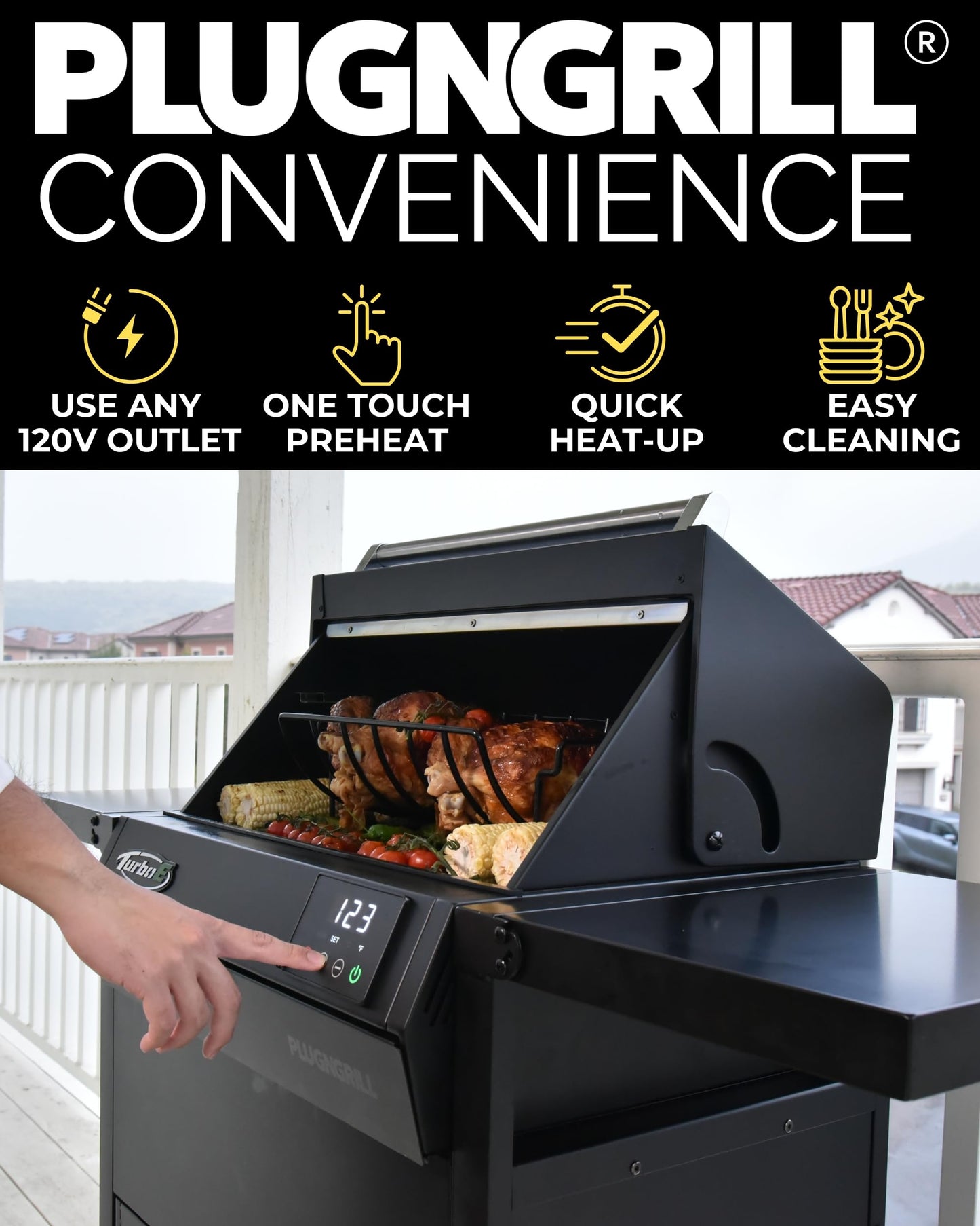 Barbecue électrique d'extérieur Turbo E de PLUGNGRILL - Technologie de gril infrarouge haute puissance de 1700 W - Barbecue intelligent de 24 pouces avec sonde et affichage numérique pour une cuisson et une saisie précises 