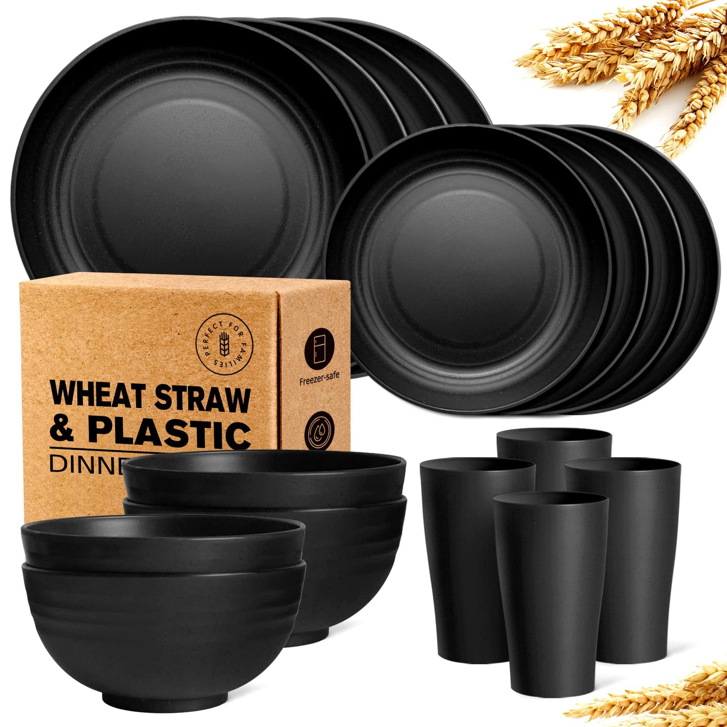 Teivio 16-Piece Kitchen Plastic Wheat Straw Dinnerware Set, Service for 4, Dinner Plates, Dessert Plate, Cereal Bowls, Cups, Unbreakable Plastic Outdoor Camping Dishes, Grey