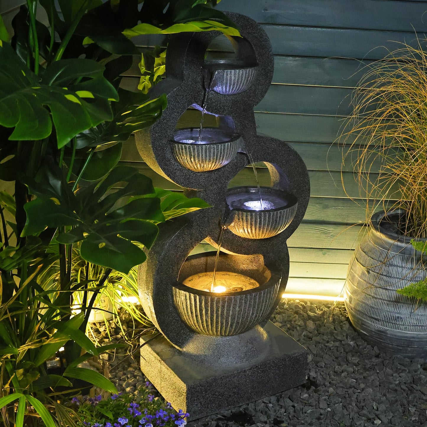 Fontaine à eau extérieure Fontaine à cascade circulaire élégante Fontaine à eau sur pied intérieure avec lumières LED, pompe pour jardin, salon, terrasse, hauteur de 38 pouces 