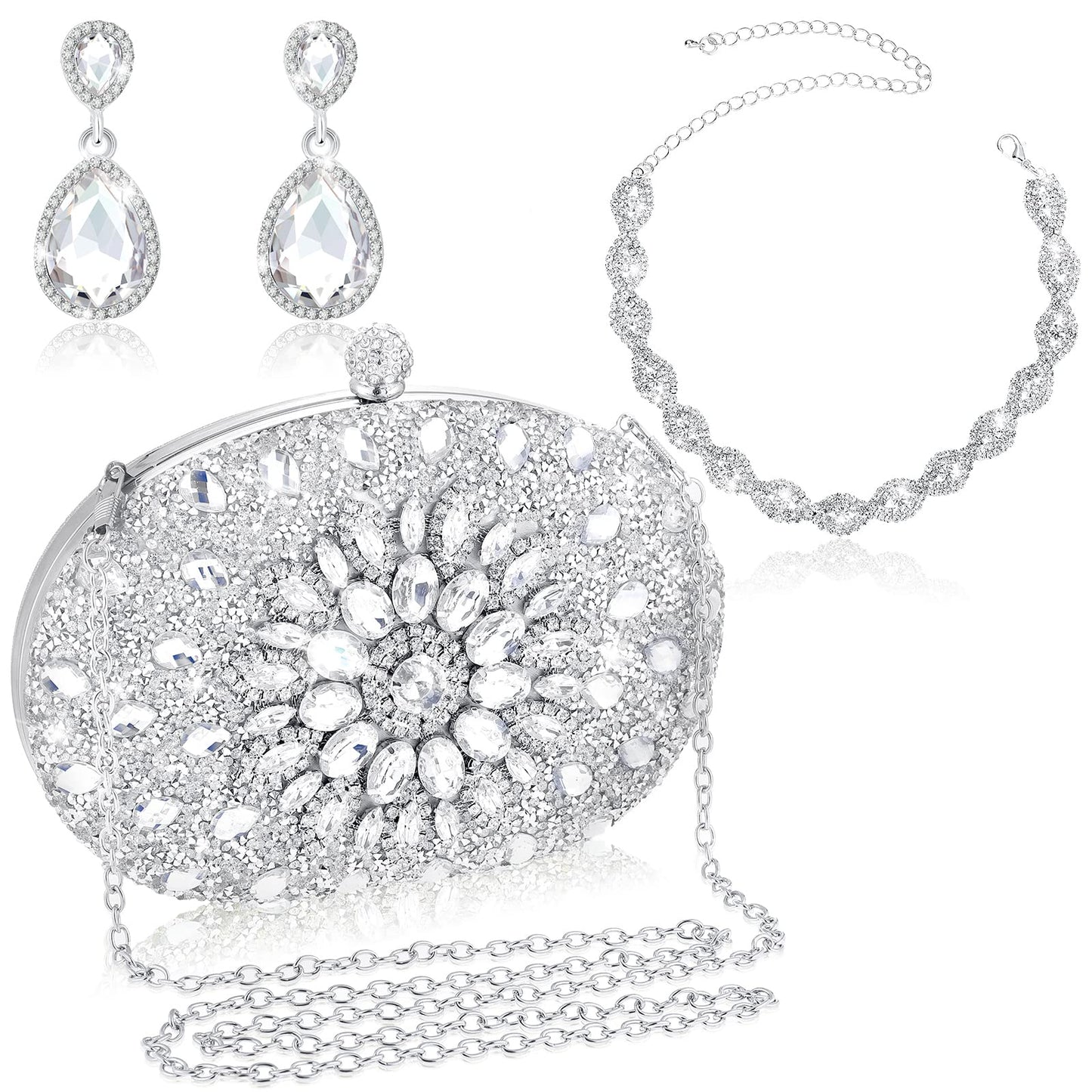 Silver Wedding Jewelry Set Clutch Evening Bag Purse Rhinestone Necklace Earring Crystal Bride Jewelry Set for Women