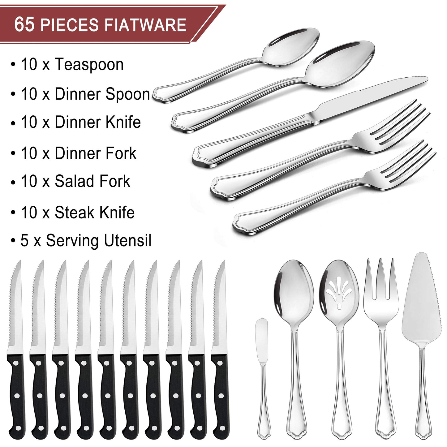 LIANYU 41-Piece Silverware Flatware Set for 6, Plus Steak Knives and Serving Utensils, Stainless Steel Flatware Cutlery Set, Eating Utensils Tableware with Scalloped Edge, Dishwasher Safe