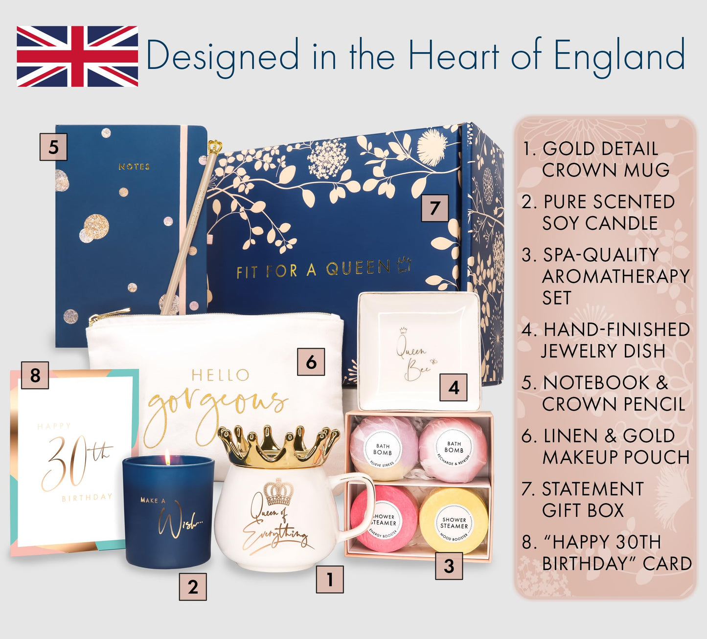 Royal 30th Birthday Gift Basket for Women - Luxury 30th Birthday Gifts for Women Designed in Britain – High-end Unique 30th Birthday Gift Box for Women Friend, Wife, Mom, Sister