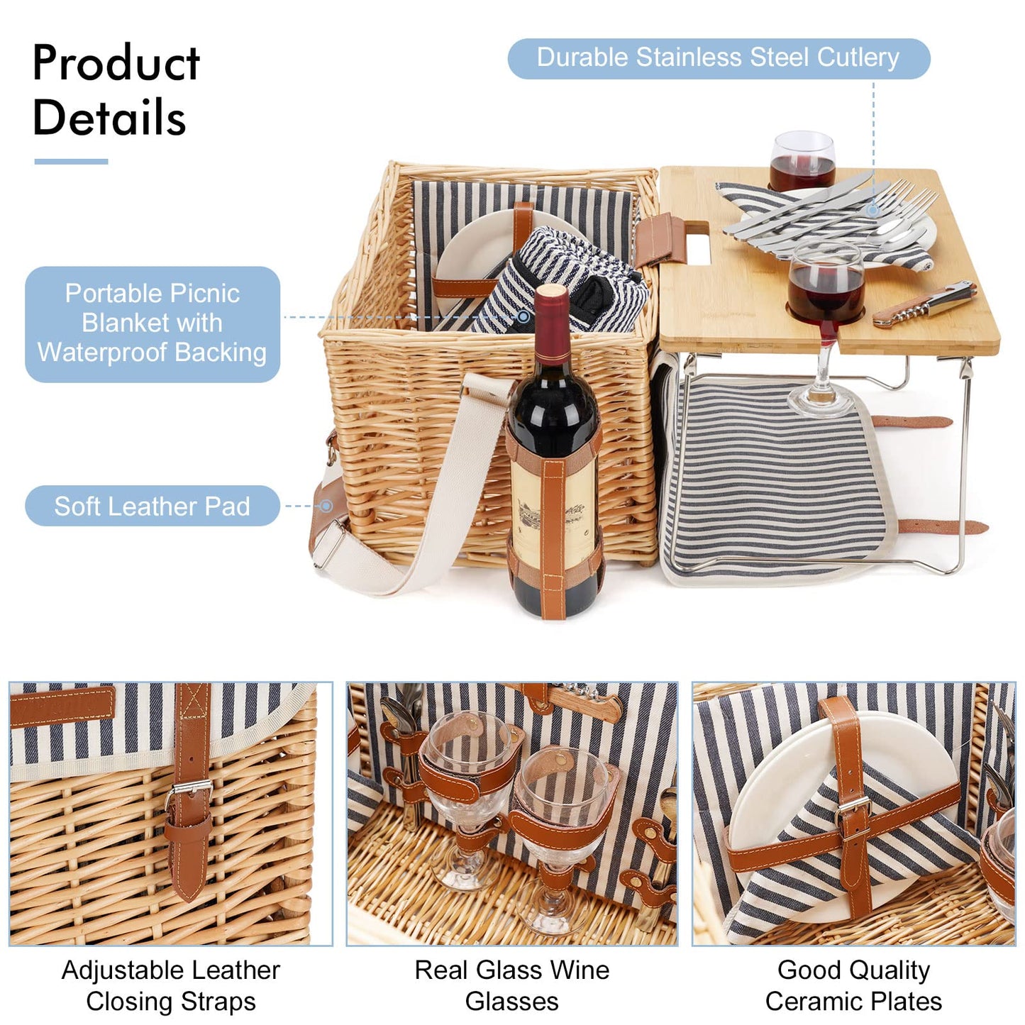 Wicker Picnic Basket for 4, 4 Person Picnic Kit, Willow Hamper Service Gift Set with Blanket Portable Bamboo Wine Snack Table for Camping and Outdoor Party