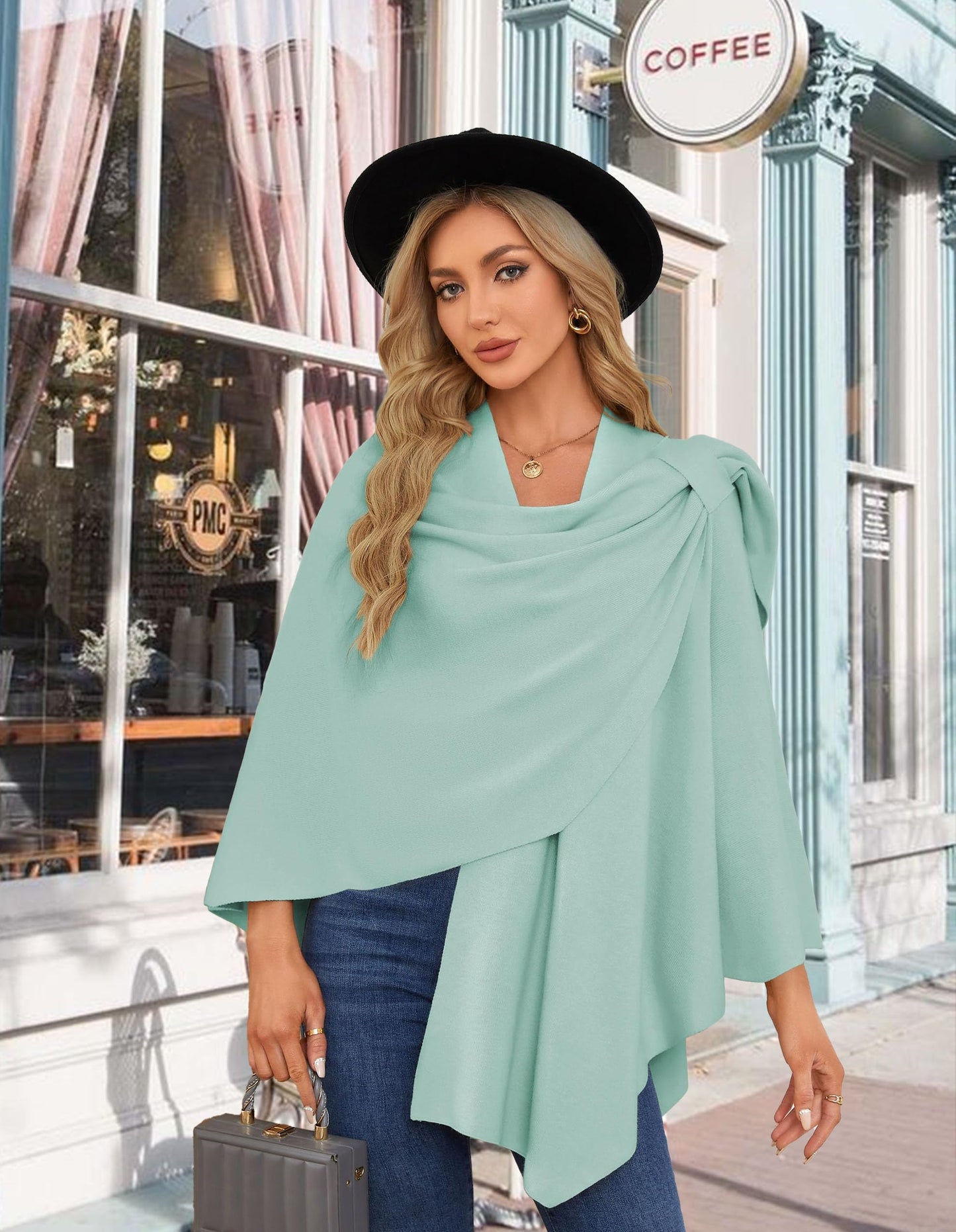 PULI Femmes Grand Poncho Croisé Sur Le Devant Pull Enveloppant Topper Tricoté Élégant Châles Cape pour l'Automne Hiver