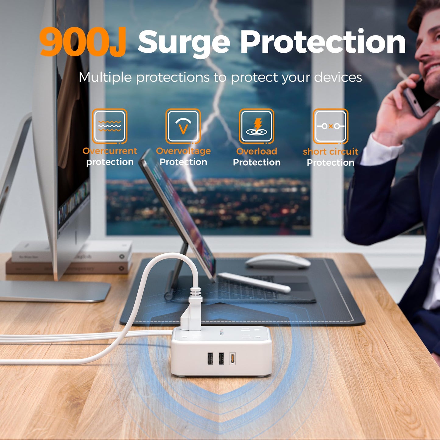 Surge Protector Flat Extension Cord Flat Plug Power Strip, 8 AC Outlets, 3 USB Charger(1 USB C Port) 3-Sided Outlet Extender, 5 Ft, 900 Joules Protection