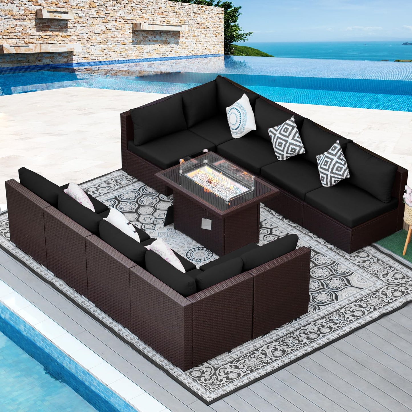 NICESOUL® 13-teiliges großes Luxus-Sofaset für die Terrasse mit Feuerstelle für Erdgas/Propan, 74 cm hohe Rückenlehne, Garten-Sitzgruppe, Gartensofa aus PE-Rattan, dunkelgrau 