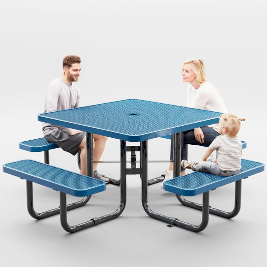 Tables de pique-nique en métal pour l'extérieur avec trou pour parasol - Table en acier revêtu de qualité commerciale robuste avec sièges réglables, 2 pieds supplémentaires, ensemble de meubles de patio à vie (46" carré, bleu) 