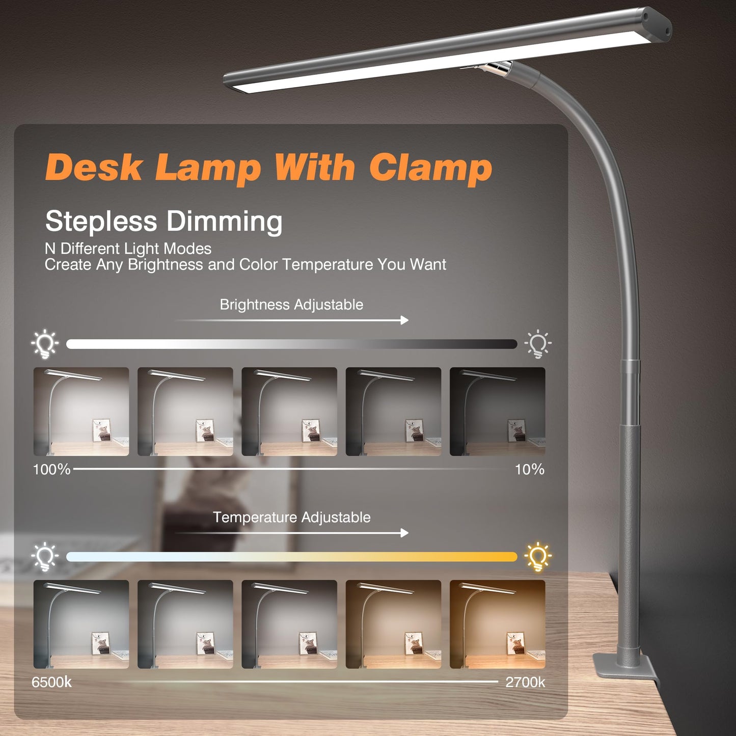 Lampe de bureau LED pour bureau à domicile, lampe de bureau respectueuse des yeux avec gradation continue, col de cygne flexible réglable, adaptateur USB 10 W, lampe de bureau avec pince pour lecture, étude, établi (noir) 