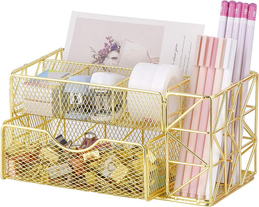 Organiseur de courrier de bureau POPRUN Gold - Trieur de courrier et porte-stylo pour bureau, joli panier en maille pour fournitures de bureau, accessoires essentiels pour la maison et le bureau, organisation et décoration de bureau 