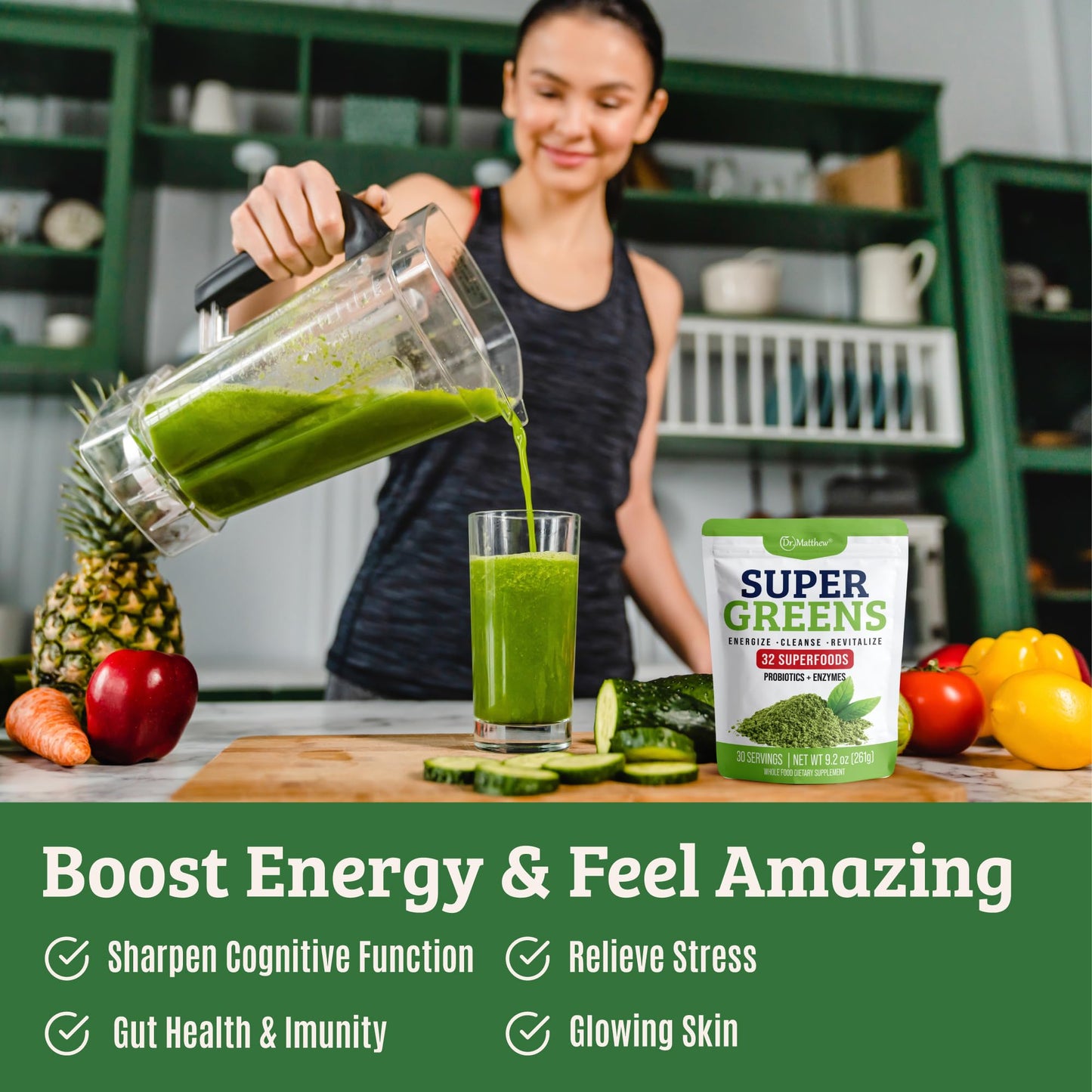 Grünes Saftpulver. Supergreens Superfood-Pulver. Detox-Grünes gegen Blähungen und Verdauung. Gemüsepulver mit Probiotika und Enzymen. Chlorella, Spirulina, Weizengras, Ashwagandha. 32 Superfoods 