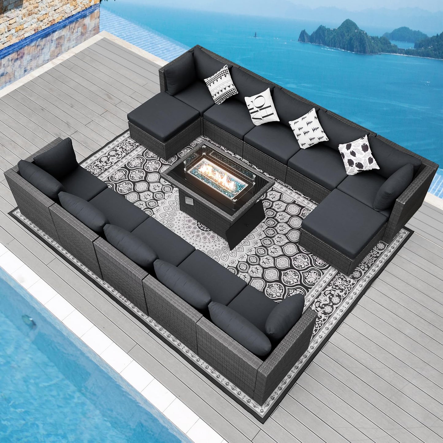 NICESOUL® 13-teiliges großes Luxus-Sofaset für die Terrasse mit Feuerstelle für Erdgas/Propan, 74 cm hohe Rückenlehne, Garten-Sitzgruppe, Gartensofa aus PE-Rattan, dunkelgrau 