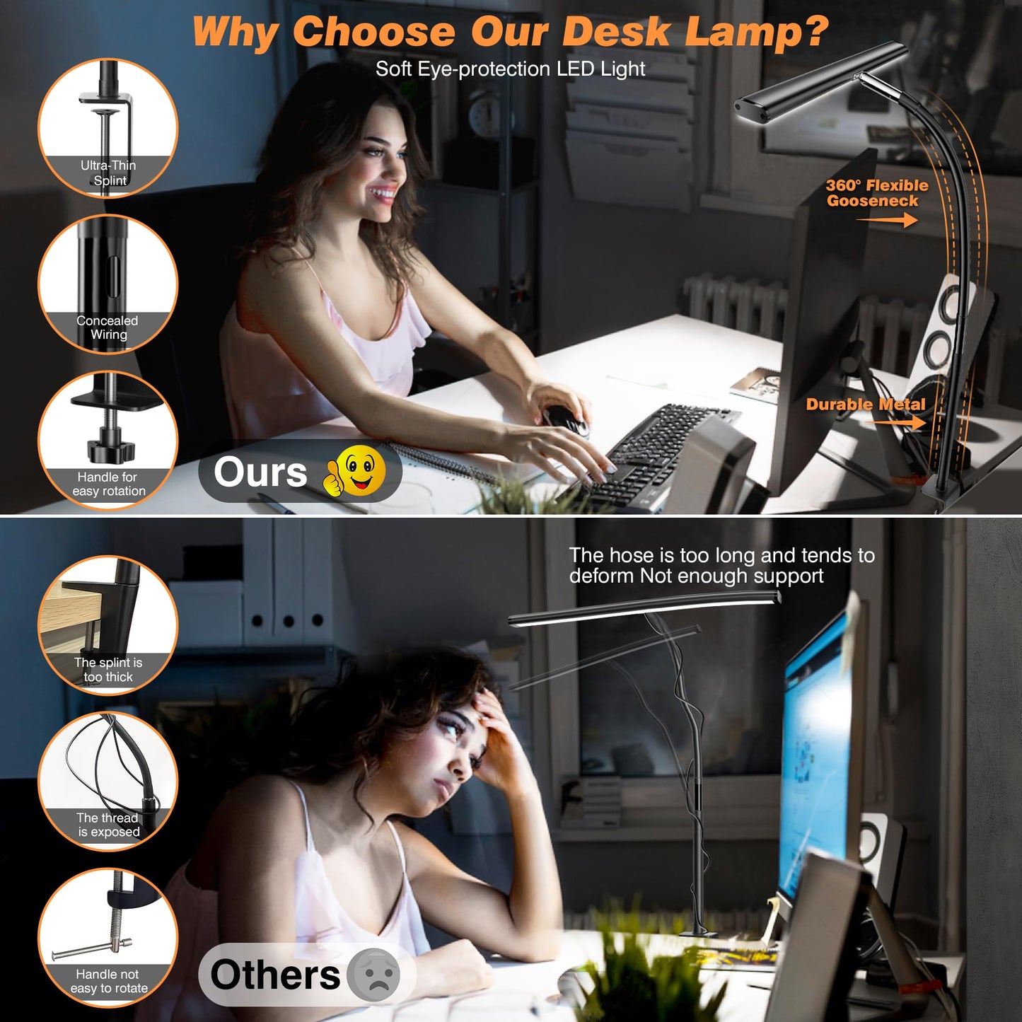 Lampe de bureau LED pour bureau à domicile, lampe de bureau respectueuse des yeux avec gradation continue, col de cygne flexible réglable, adaptateur USB 10 W, lampe de bureau avec pince pour lecture, étude, établi (noir) 