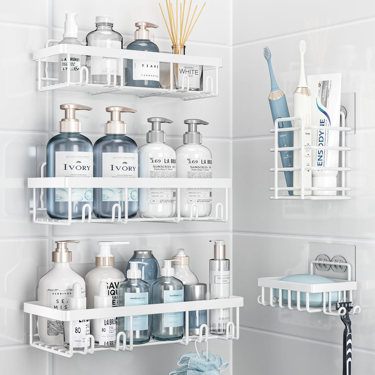 Shower Caddy 5 Pack, Bathroom Shower Organizer Rack for Inside Shower, Adhesive Shower Shelf, Shampoo Holder, Shower Basket, Metal Wall Storage, Grey