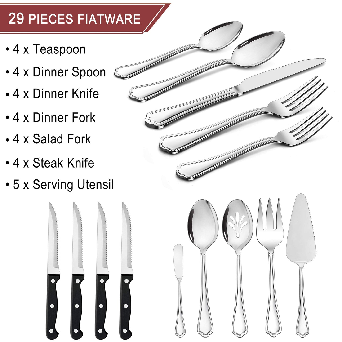 LIANYU 41-Piece Silverware Flatware Set for 6, Plus Steak Knives and Serving Utensils, Stainless Steel Flatware Cutlery Set, Eating Utensils Tableware with Scalloped Edge, Dishwasher Safe