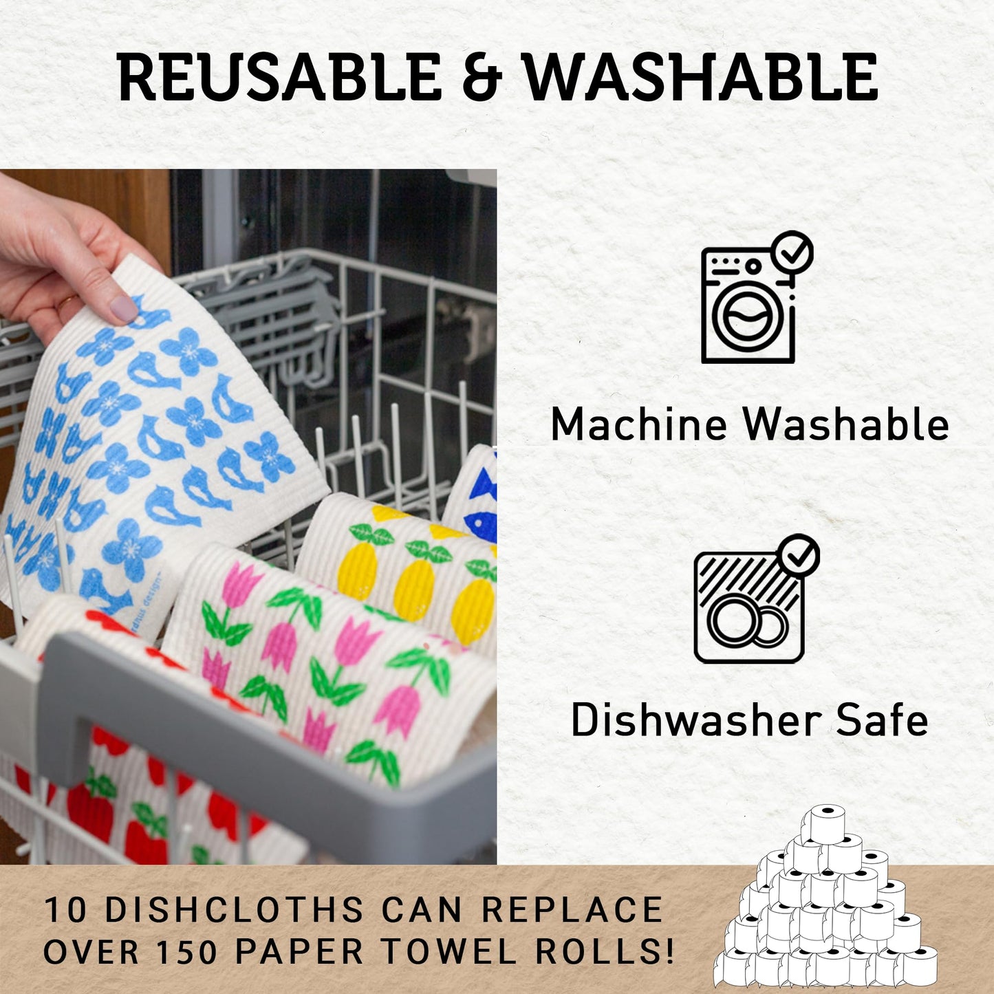 Nordhus Design Swedish Dishcloths for Kitchen, 10 Cloths, Made in Sweden - Reusable, Washable Cellulose Cotton Kitchen Cloths - Replace Paper Towels, Wipes, Sponges, Dish Rags