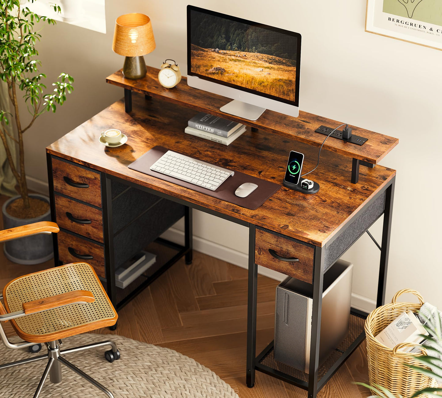 Bureau d'ordinateur Huuger de 47 pouces avec 4 tiroirs, bureau de jeu avec lumières LED et prises de courant, bureau à domicile avec grand espace de rangement pour chambre à coucher, travail à domicile, noir 