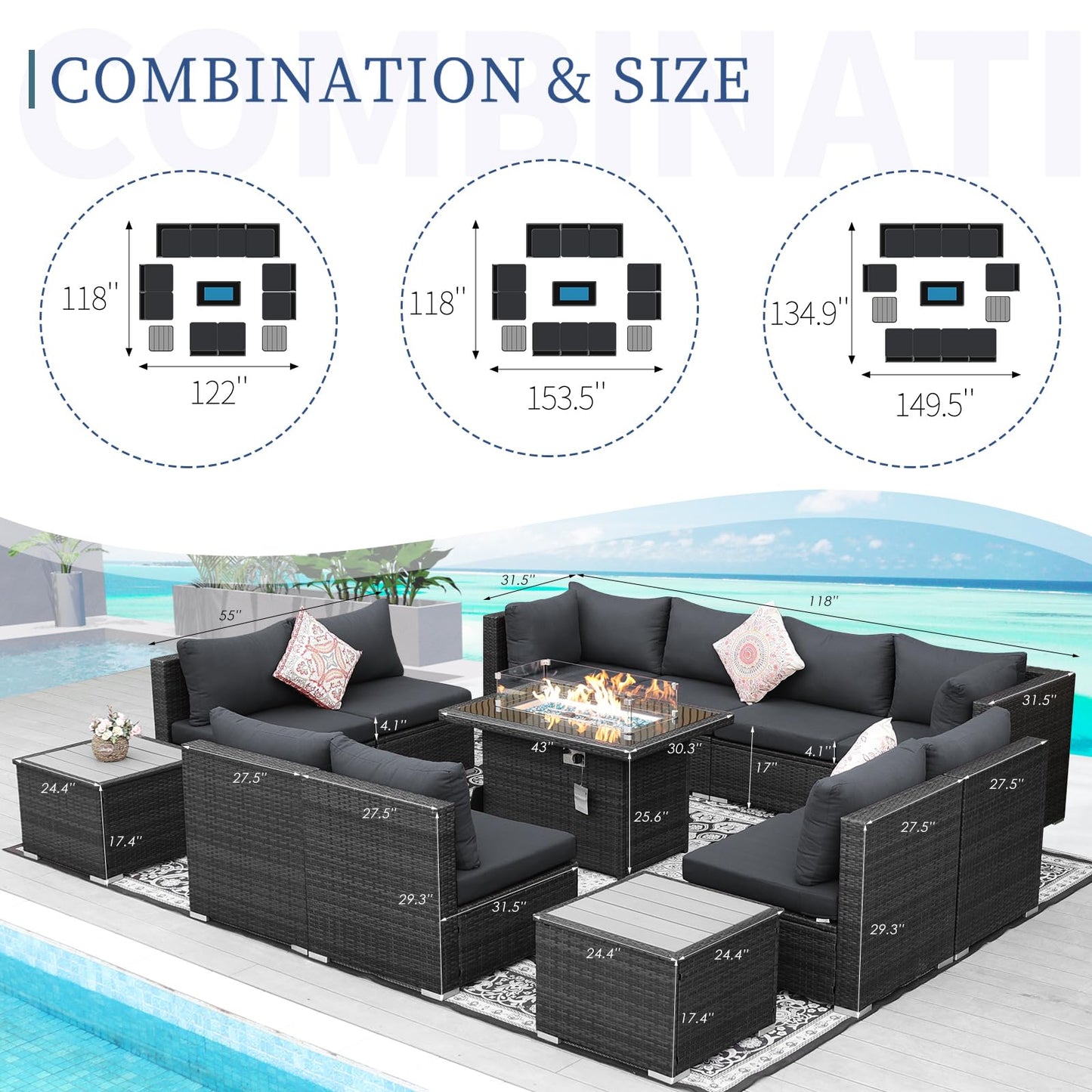 Ensemble de canapé de patio de luxe 13 pièces NICESOUL® avec table de foyer au gaz naturel/propane, ensemble de conversation d'extérieur à dossier haut de 29,3 po, canapé sectionnel extérieur en rotin PE, gris foncé 