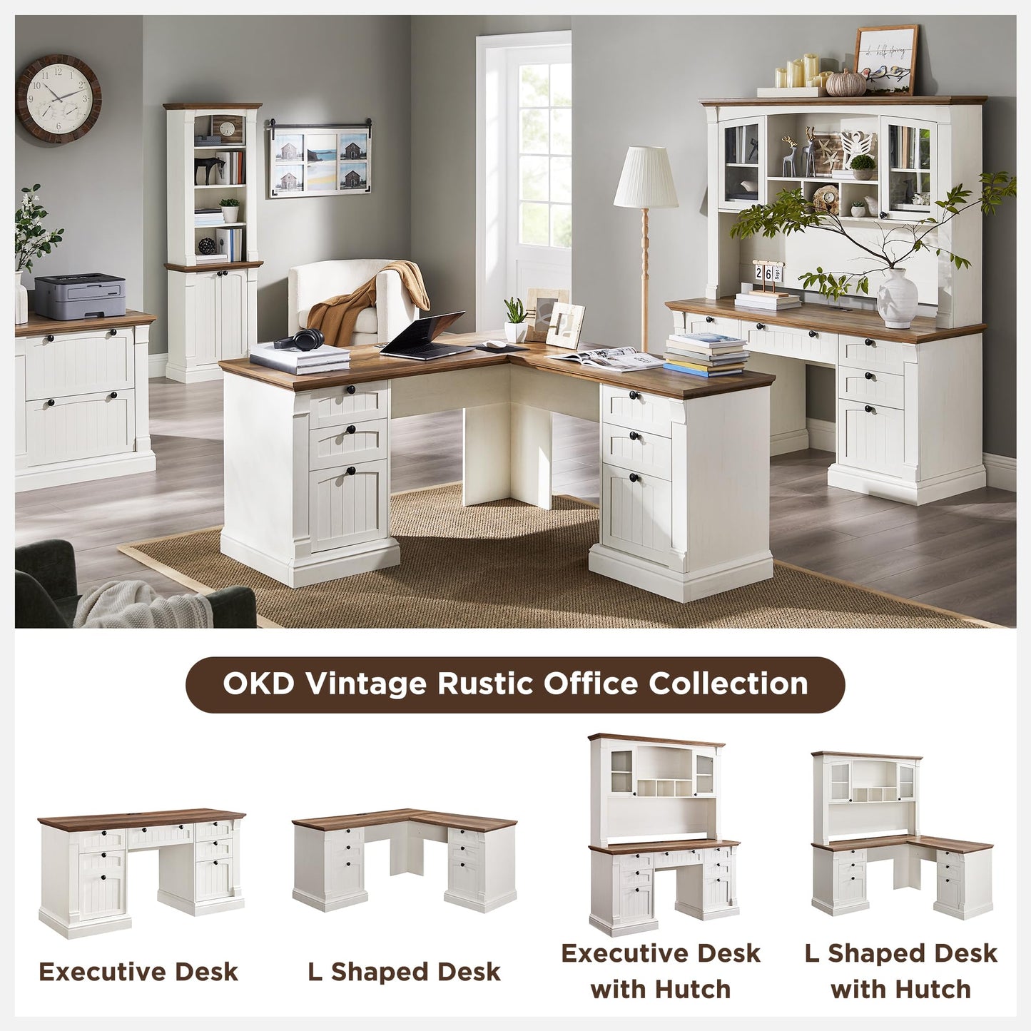 OKD 60" Executive Desk with Drawers, Farmhouse Home Office Desk with Charging Station, Keyboard Tray, File Cabinet Storage, Wood Computer Desk for Work and Study, Antique White