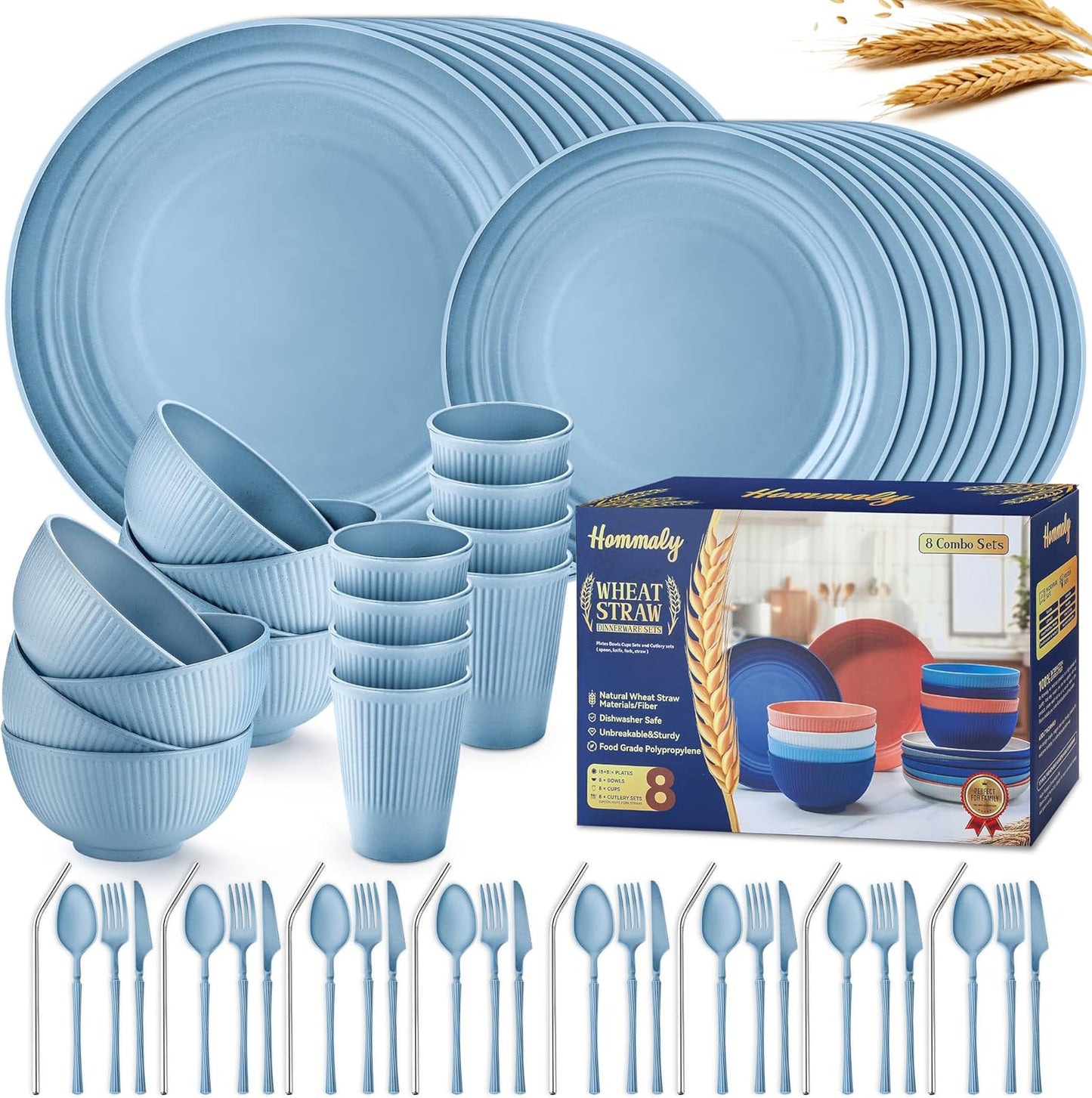 Wheat Straw Dinnerware Sets,48-Piece Plates and Bowls Sets for 6-Unbreakable,Reusable Plastic Dish Set-Dinner Plate/Dessert Plate/Cereal Bowl/Cup/Utensils-Microwavable Dishwasher Safe 48P-Deep Gray