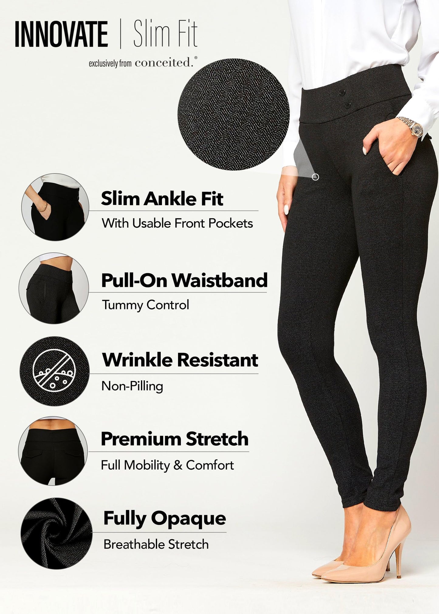 Conceited Dress Pants Women - Stretchy - Tummy Control - All Day Comfort Wear to Work - Womens Pants in Regular and Plus Size