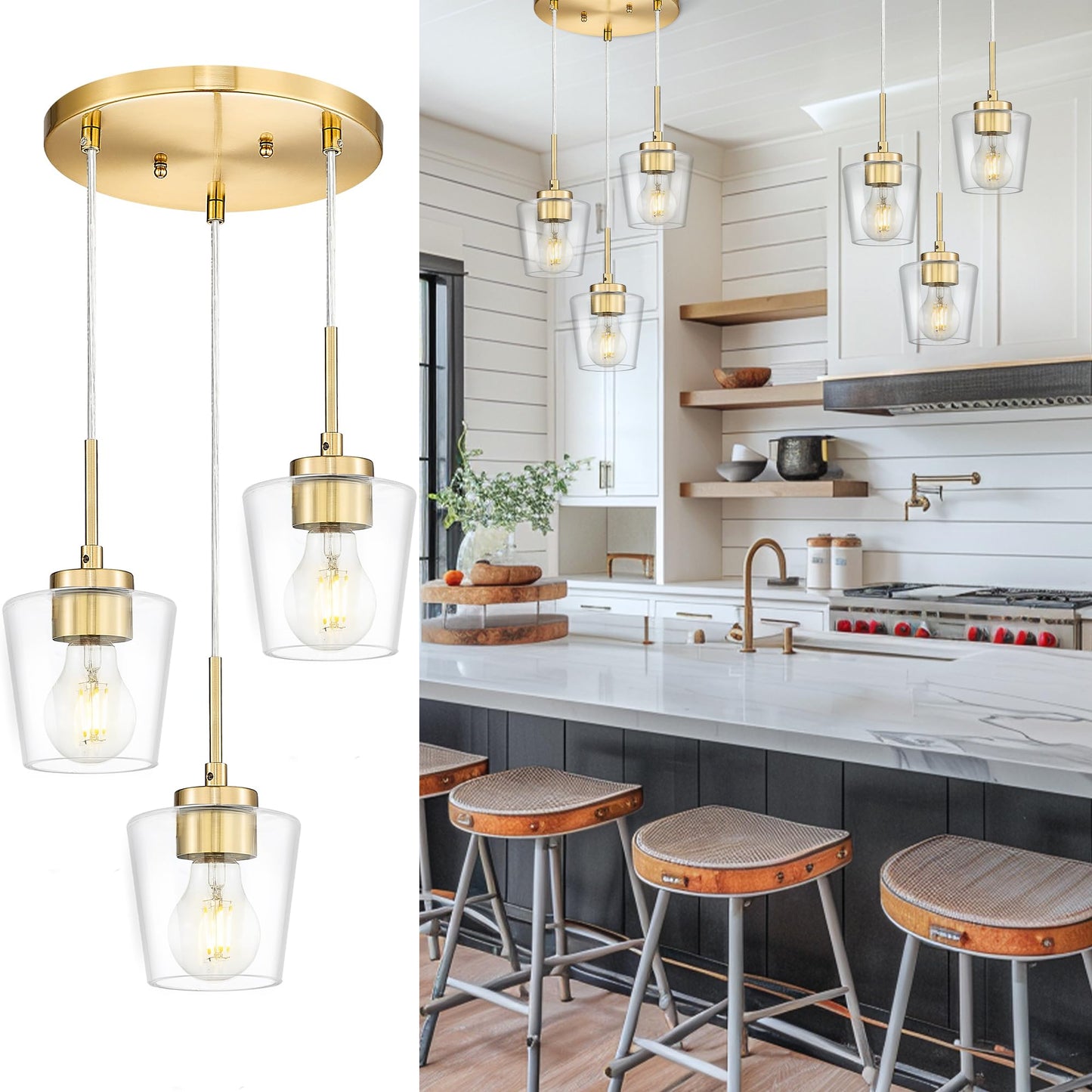 3-Light Pendant Light Fixtures, Brushed Gold Dining Room Light Fixture Over Table, Adjustable Kitchen Island Lighting with Milk White Glass, Farmhouse Hanging Light Fixture, AD-22004-3P-GD