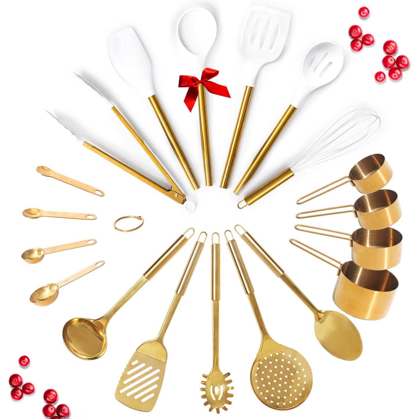 Kupfer-Kochutensilien zum Kochen/Servieren, Küchenutensilien in Roségold – 5-teiliges Set mit Kupfer-Servierutensilien aus Edelstahl – Kupferschöpfkelle, Servierlöffel, Pasta-Serviergabel, Pfannenwender, Schaumlöffel 