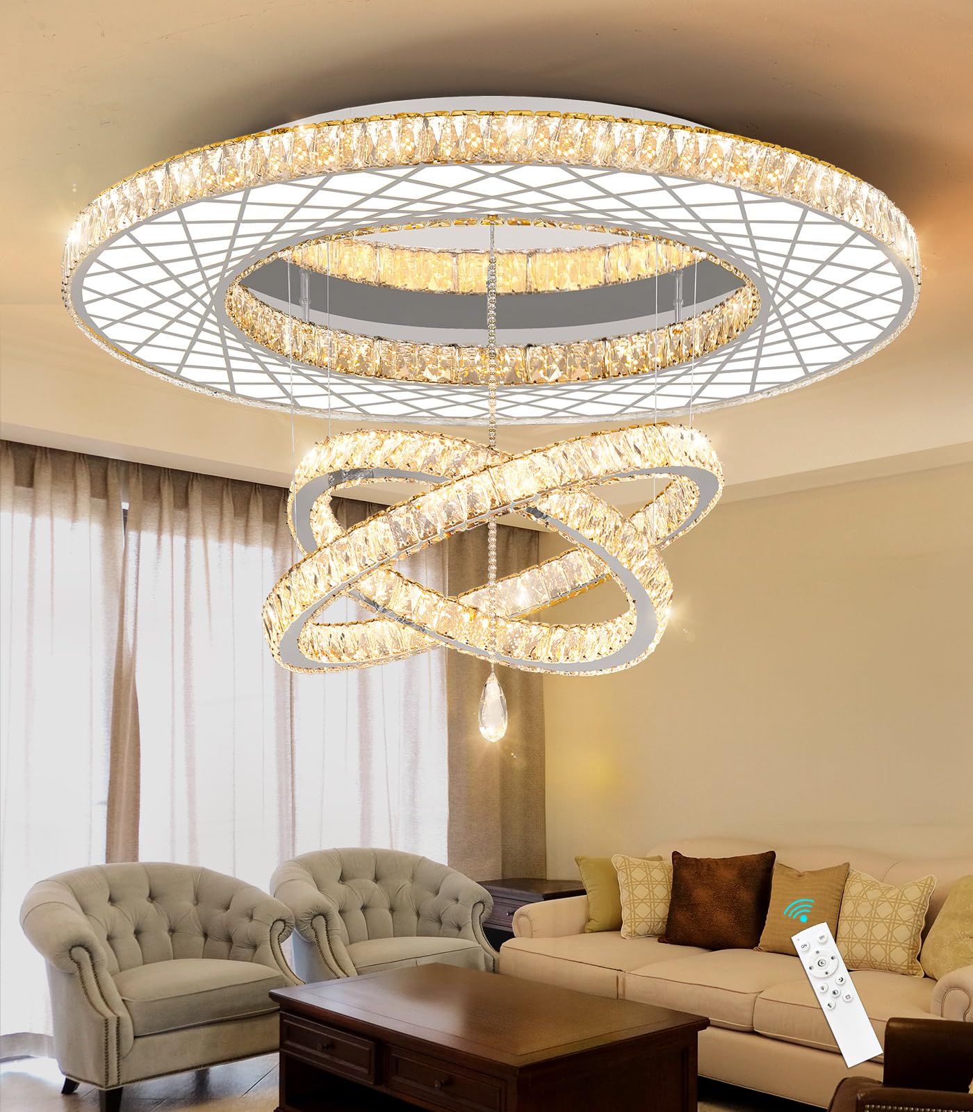 Modern Flush Ceiling Chandelier Bedroom Light Fixtures Crystal Flat Sloping Ceiling Lights for Hallway Kitchen Dining Room Dimmable Light with Remote Gold