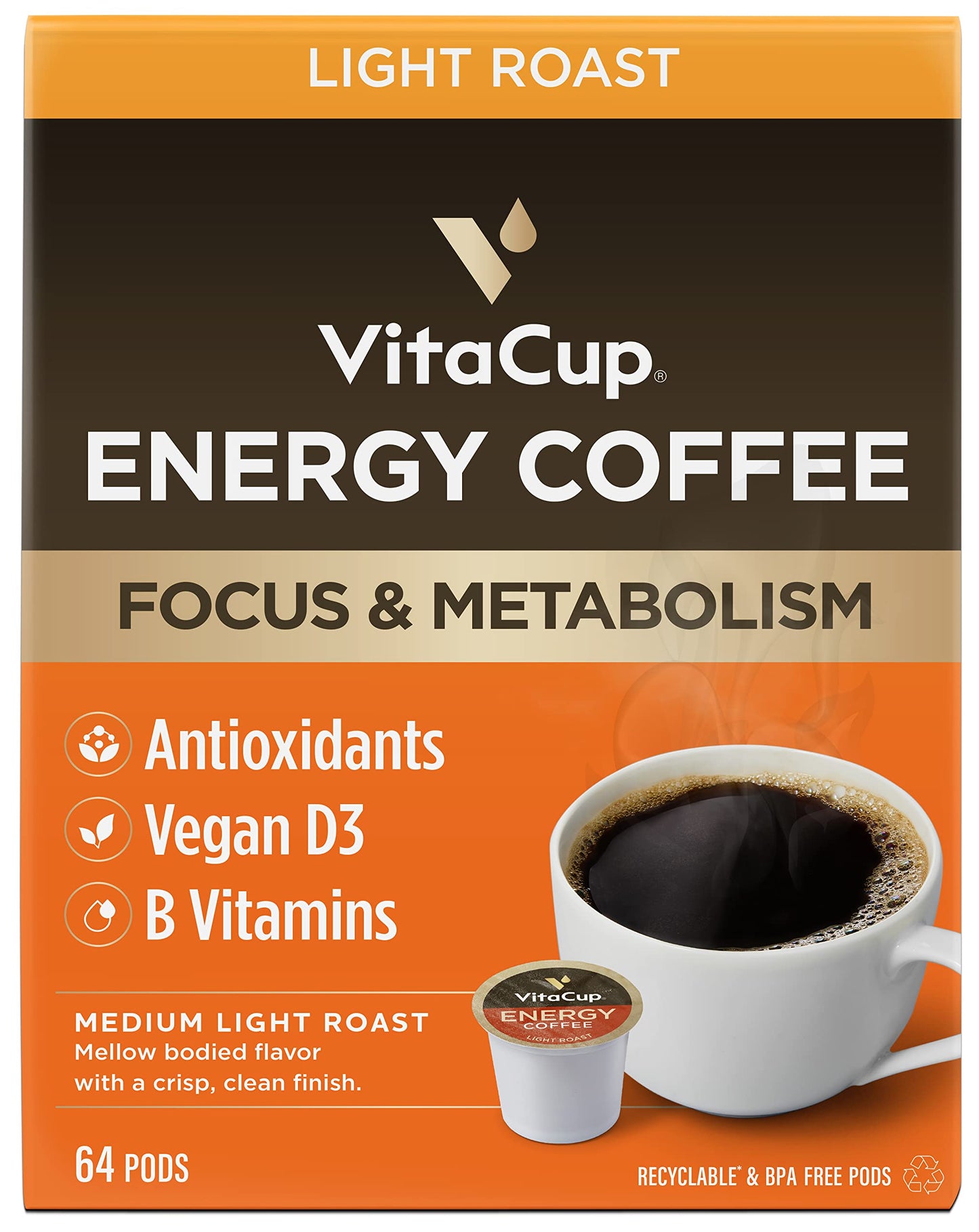 VitaCup Lightning Kaffeepads, für Gedächtnis und Konzentration mit 2x Koffein, grüne Kaffeebohnen, B-Vitamine, D3, starker dunkel gerösteter Kaffee, recycelbare Einzelportionspads, kompatibel mit Keurig K-Cup Kaffeemaschinen, 16 Stück 