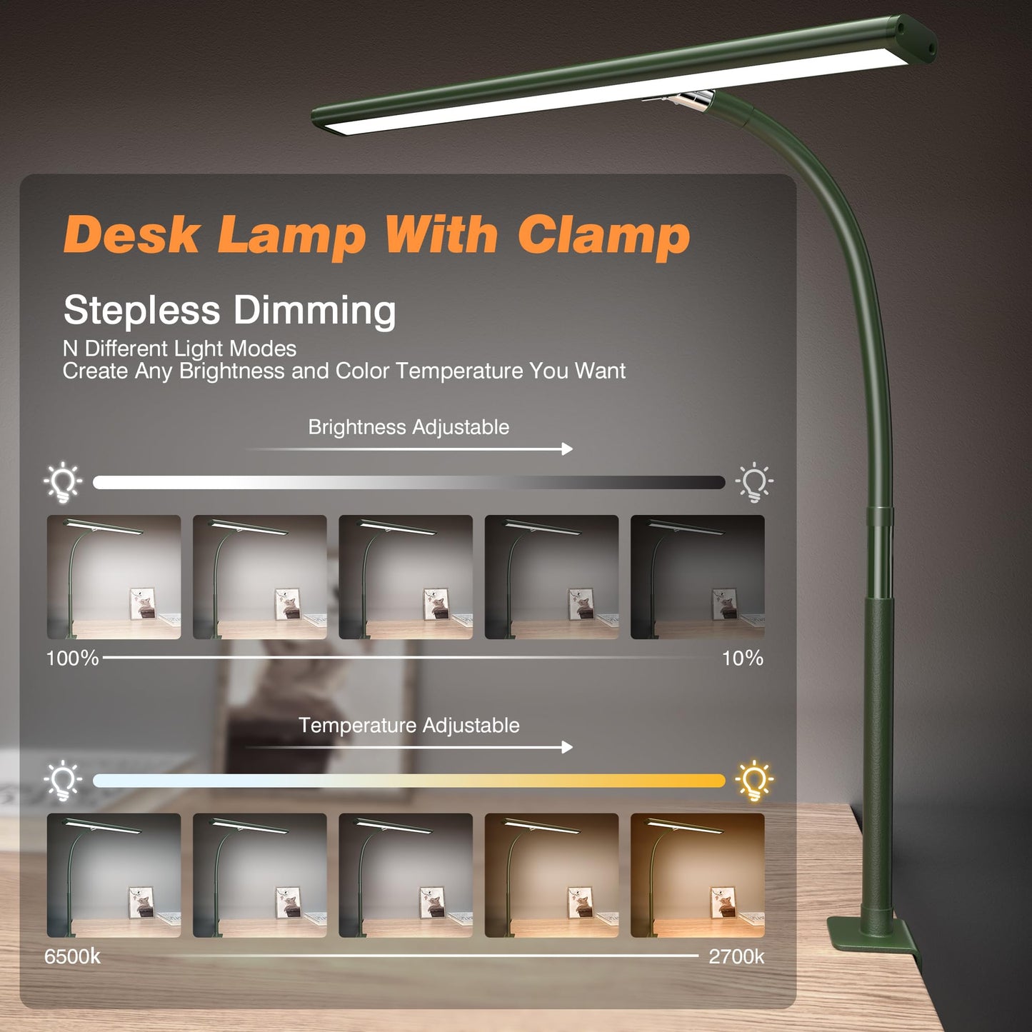 Lampe de bureau LED pour bureau à domicile, lampe de bureau respectueuse des yeux avec gradation continue, col de cygne flexible réglable, adaptateur USB 10 W, lampe de bureau avec pince pour lecture, étude, établi (noir) 